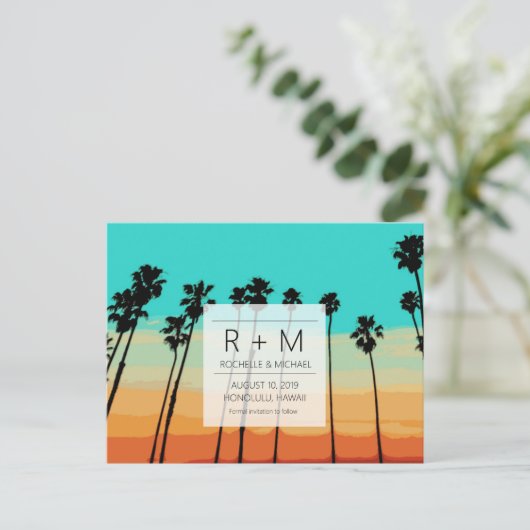 サンセットスカイトロピカルウェディングの日付を保存 案内ポストカード (スタンド正面)