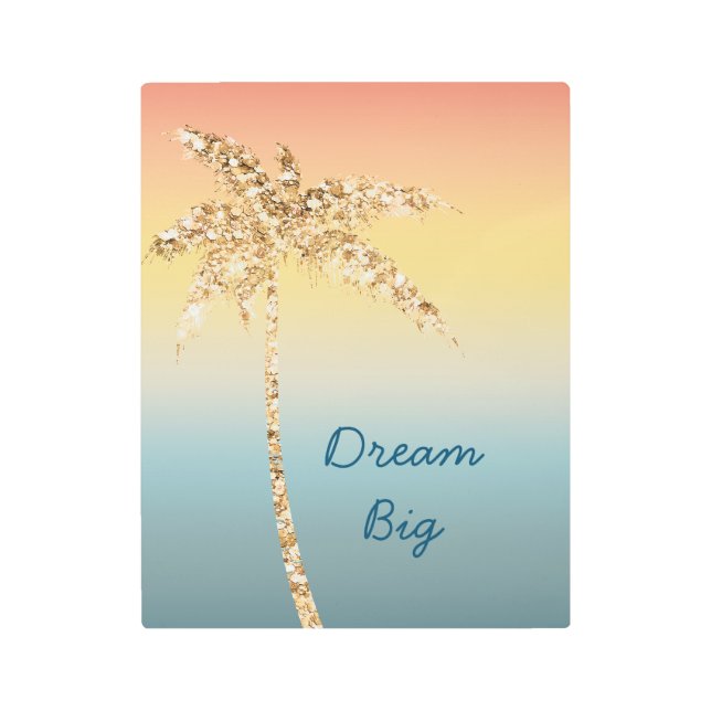 サンセットスカイ金ゴールドグリッターパームツリー メタルプリント (正面)