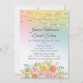 サンセットストリングライトとフローラブーケスウィート16 招待状 (正面)