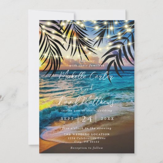 サンセットストリングライトビーチ結婚式招待状 セーブザデート (正面)