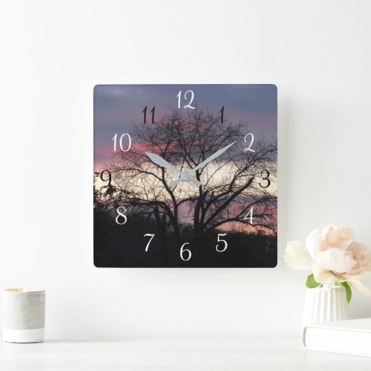 サンセットスルーオークツリーシルエット壁時計 スクエア壁時計 (ホーム)