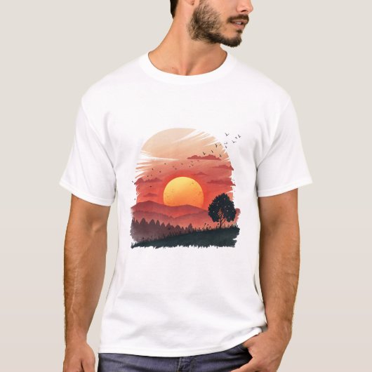 サンセットセレニティーTシャツ 水彩風景画 Tシャツ (正面)