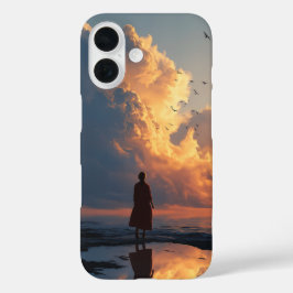 サンセットソリチュード:赤いドレスの女性 iPhone 16ケース