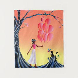 サンセットツリーでかわいいバレリーナと猫 タペストリー