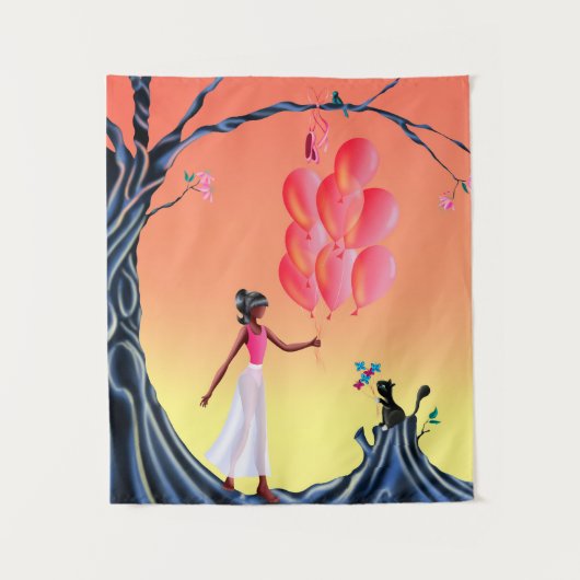 サンセットツリーでかわいいバレリーナと猫 タペストリー (正面)