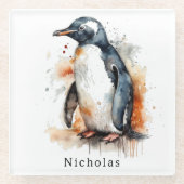 サンセットトーンウォーターカラーペンギンカスタム ガラスコースター (正面)