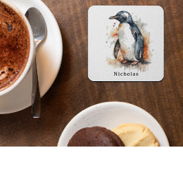 サンセットトーンウォーターカラーペンギンカスタム ガラスコースター