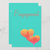 サンセットハートターコイズコーラルモノグラム婚約 招待状 (正面/裏面)