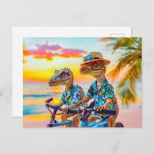 サンセットバイクに乗る2つのディノス シーズンポストカード (正面/裏面)