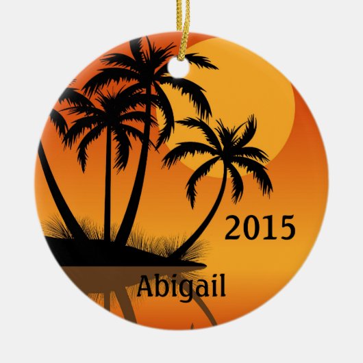 サンセットパーソナライズされたとパームツリーズトロピカルビーチ セラミックオーナメント (正面)