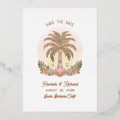 サンセットパームツリーの水の色日付を保存 箔招待状 (正面)