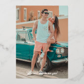 サンセットパームツリーの水の色日付を保存 箔招待状 (裏面)