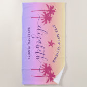サンセットパームツリーズカスタムーパープルガールズバケーション ビーチタオル (正面)