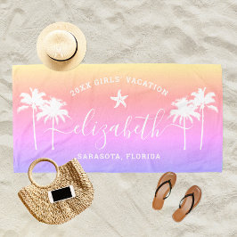 サンセットパームツリーズガールズバケーション名前をカスタムする ビーチタオル