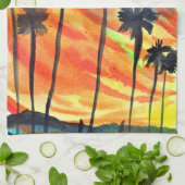 サンセットパームツリーズビーチサーフアート キッチンタオル (折り畳み)