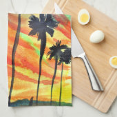 サンセットパームツリーズビーチサーフアート キッチンタオル (四つ折り)