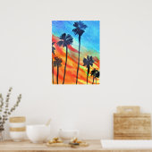 サンセットパームツリーズビーチサーフアート ポスター (キッチン)