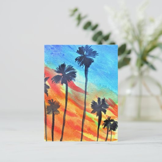 サンセットパームツリーズビーチサーフアート ポストカード (スタンド正面)
