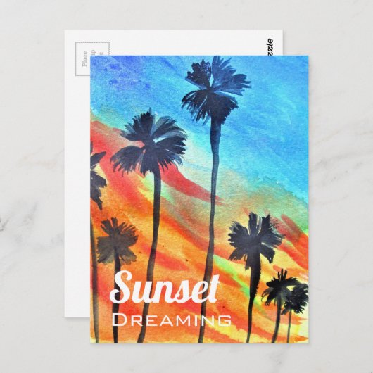 サンセットパームツリーズビーチサーフアート ポストカード (正面/裏面)