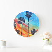 サンセットパームツリーズビーチサーフアート ラージ壁時計 (ホーム)