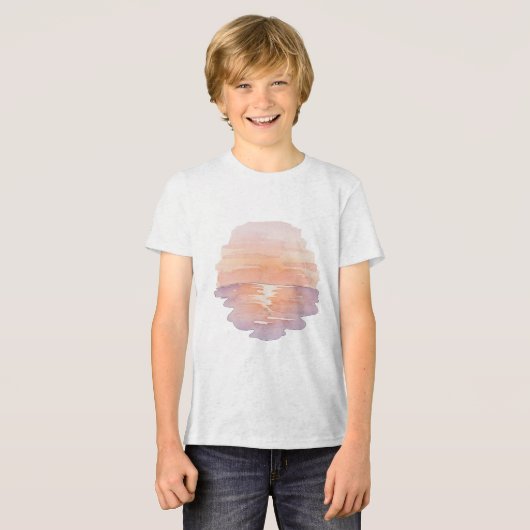 サンセットビーチの雰囲気 – ミニマリスト手描きオーシャン トライブレンドTシャツ (正面全面)