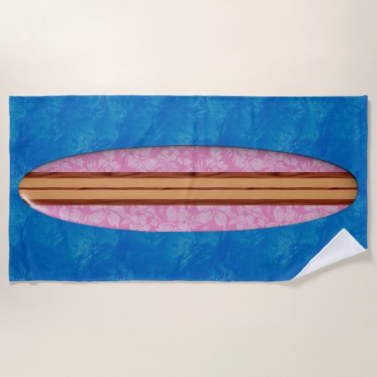 サンセットビーチハワイアンウッフェイクドサーフボードピンク ビーチタオル (正面)