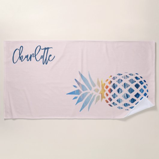 サンセットビーチパイナップルファミリーバケーションピンク ビーチタオル (正面)