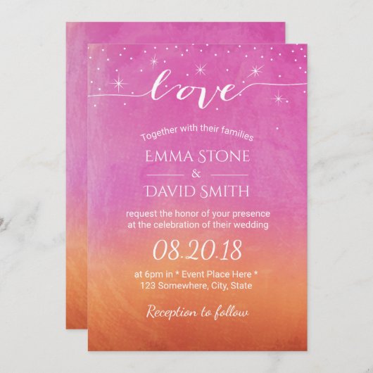 サンセットビーチ結婚式スクリプトラブウォーターカラー 招待状 (正面/裏面)