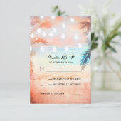 サンセットビーチtwinkle lightsピンクの結婚式RSVP 出欠カード (スタンド正面)