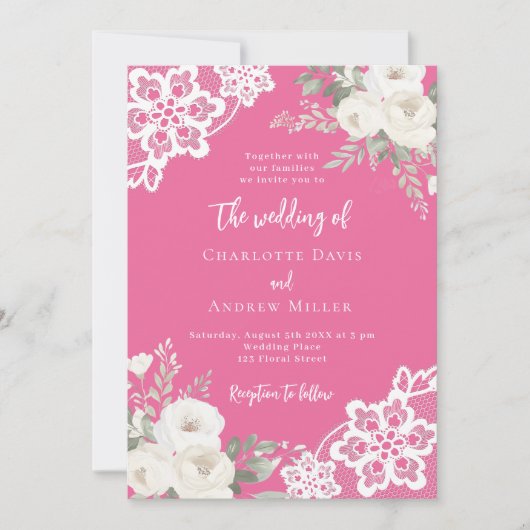 サンセットピンクのバラ結婚レース 招待状 (正面)