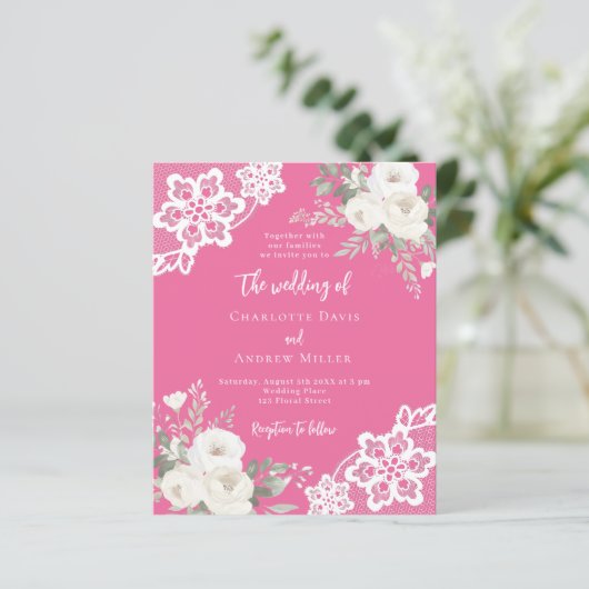 サンセットピンクホワイトレース結婚式招待状 (スタンド正面)