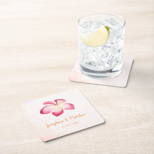 サンセットプルメリアピンクウォーター結婚カラー スクエアペーパーコースター (インサイチュ)