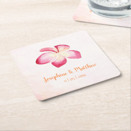 サンセットプルメリアピンクウォーター結婚カラー スクエアペーパーコースター