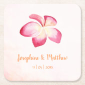 サンセットプルメリアピンクウォーター結婚カラー スクエアペーパーコースター (正面)