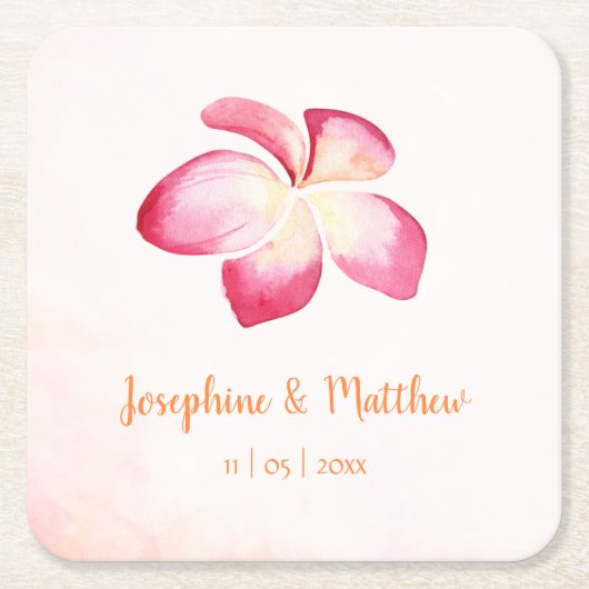 サンセットプルメリアピンクウォーター結婚カラー スクエアペーパーコースター (正面)