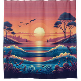 サンセットホライゾングロー鮮やか夕べスカイ シャワーカーテン