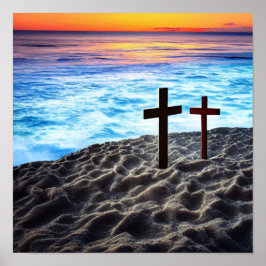 サンセットポスターで海岸で2人の十字を切る ポスター