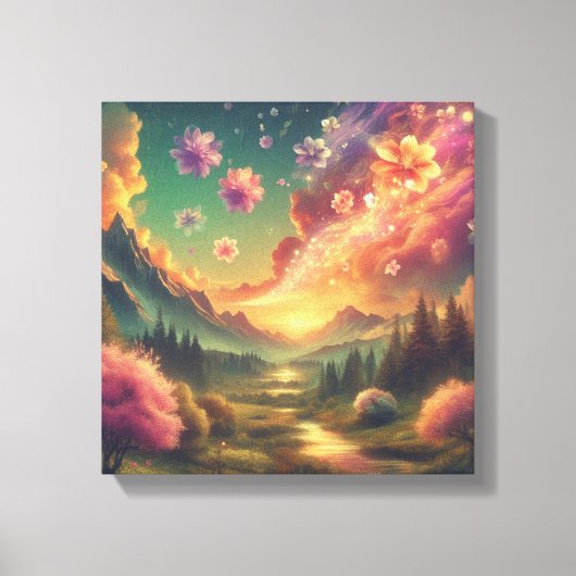 サンセットマウンテンの上の魔法の花びらの空 キャンバス (正面)