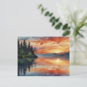 サンセットミスティカラフルレイクウォーターカラーアート ポストカード (スタンド正面)