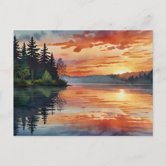 サンセットミスティカラフルレイクウォーターカラーアート ポストカード (正面)