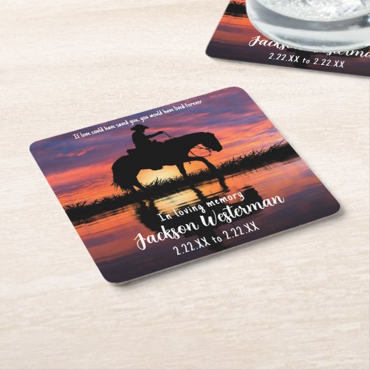 サンセットメモリアルで馬に乗ったカウボーイ スクエアペーパーコースター (アングル)