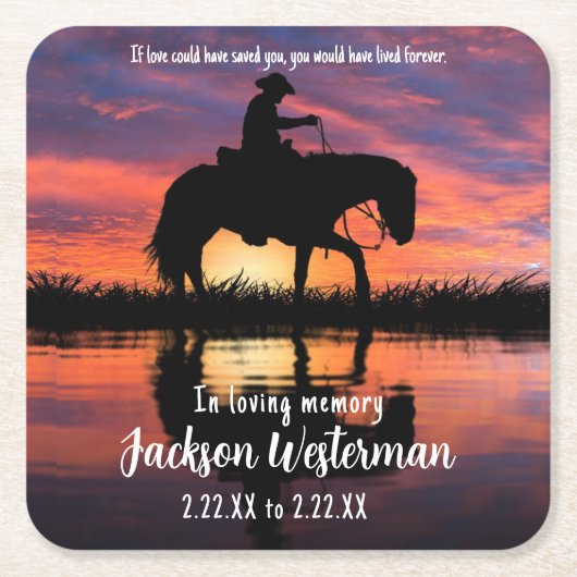 サンセットメモリアルで馬に乗ったカウボーイ スクエアペーパーコースター (正面)