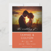 サンセットモダンオレンジ色のスクリプト結婚の写真 招待状 (正面)