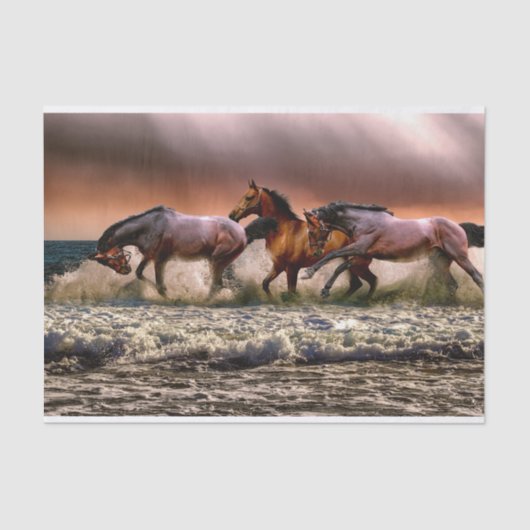 サンセットランニングでサーフの馬のトリオ 薄葉紙 (正面)