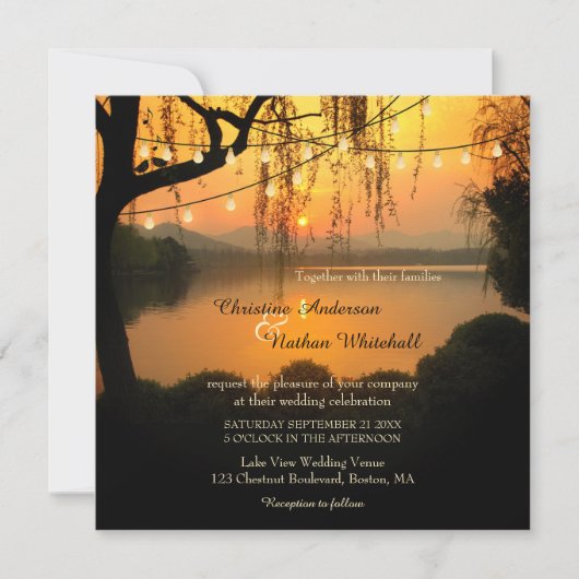 サンセットレイクビューストリングライト結婚式招待状 招待状 (正面)