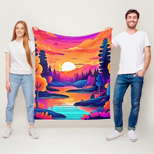 サンセットレイクファンタジーアート フリースブランケット (インサイチュ)