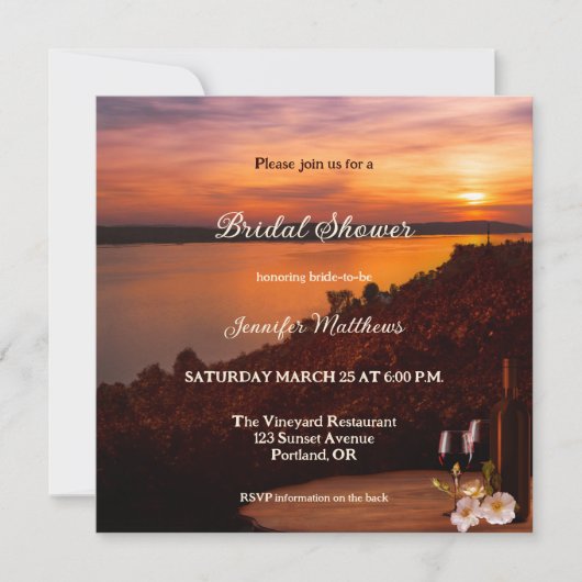 サンセットワイナリーまたはブドウ園ブライダルシャワー 招待状 (正面)