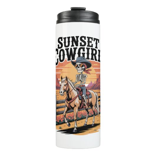 サンセット女性のカーボーイスケルトンライディングホース タンブラー (正面)