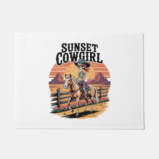 サンセット女性のカーボーイスケルトンライディングホース ドアマット (正面)