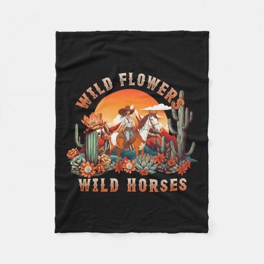 サンセット女性のカーボーイ乗馬ワイルドフラワーワイルドホ フリースブランケット (正面)